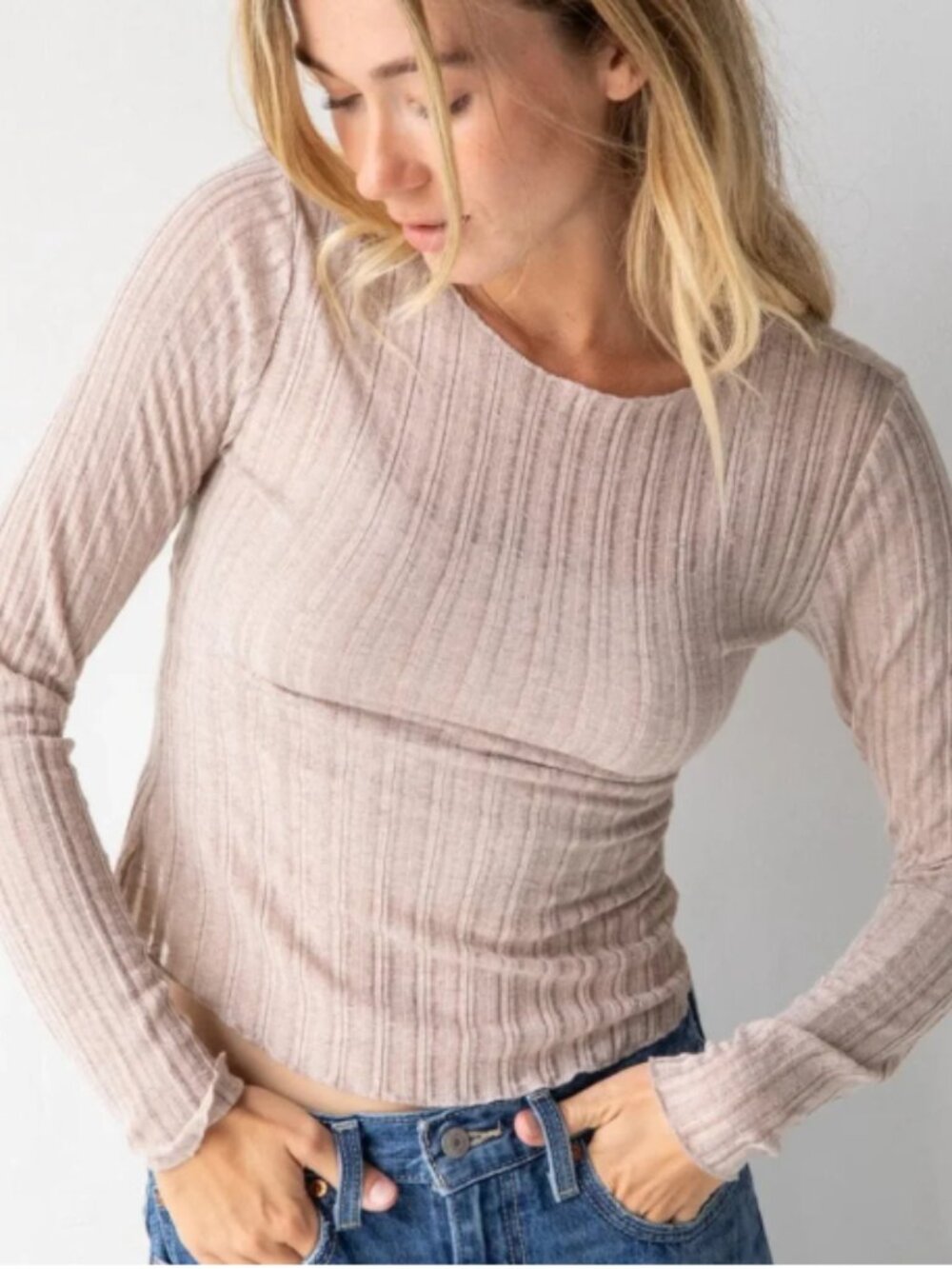 Natural Life Pearl Ribbed Knit Layering Boat Neck Long Sleeve Top Tan Large NEW
